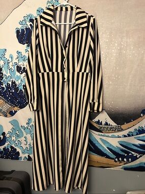 SHEIN Black and Cream Striped Maxi Shirt Dress